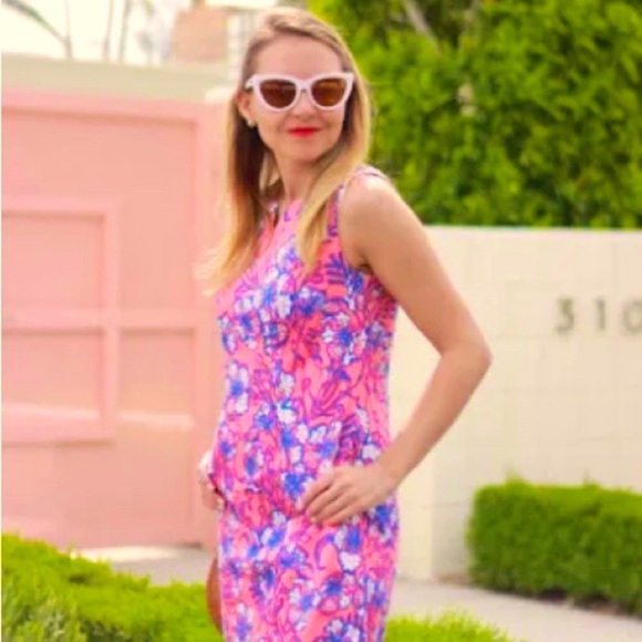 Talbots Coral Pink Blue Hibiscus Floral Print Shift Dress Size 10 Sleeveless - Picture 3 of 8